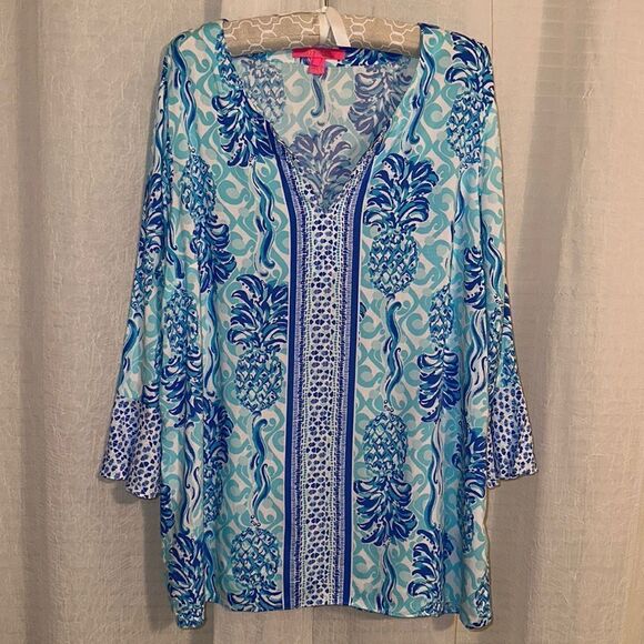 Lilly Pulitzer L Keona White Royal Bennett Blue Flounce Sleeve Tunic - Picture 4 of 15